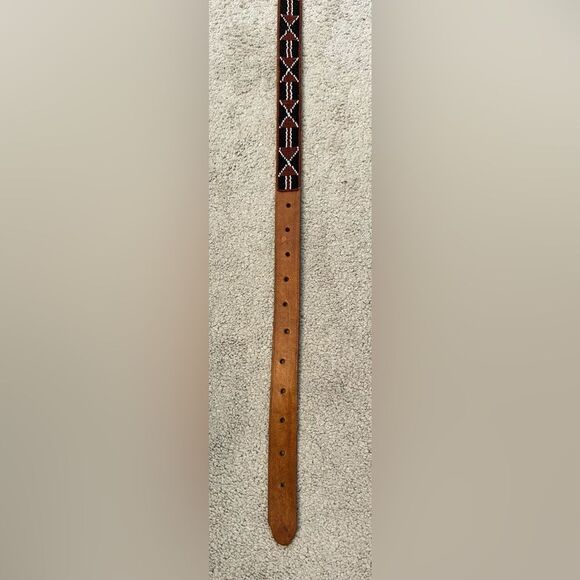 Vintage Leather Brown Red Black Southwestern Boho Hand Beaded Belt - Picture 5 of 7